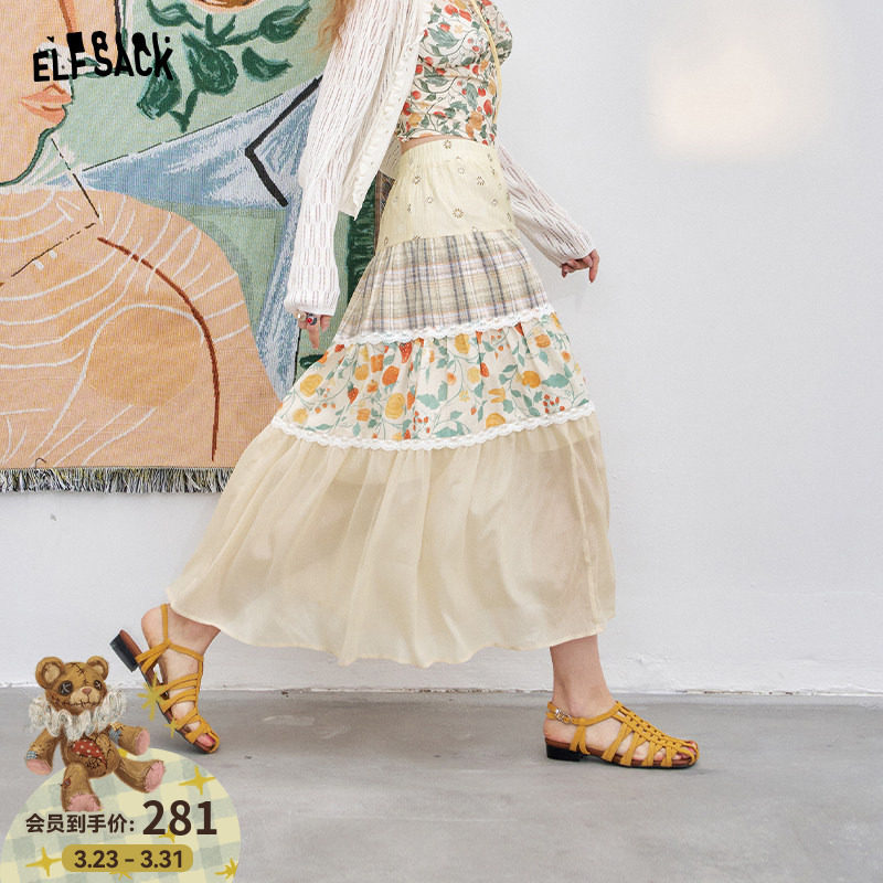 妖精的口袋重工撞色拼接波点半身裙女2026年春夏新款波嬉风长裙子