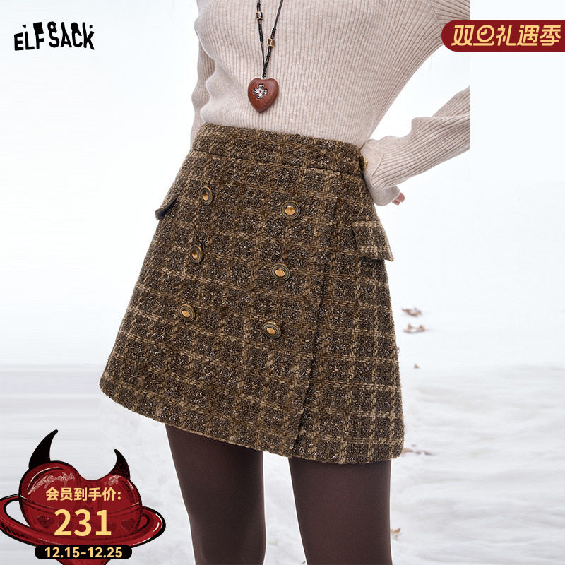 妖精的口袋亮丝粗花呢双排扣半身裙女2025年冬季新款复古显瘦短裙