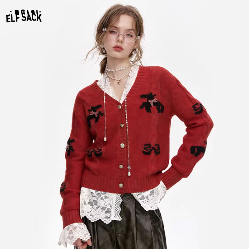 妖精的口袋甜美蝴蝶结小马针织开衫女2026春新款新年战袍红色毛衣