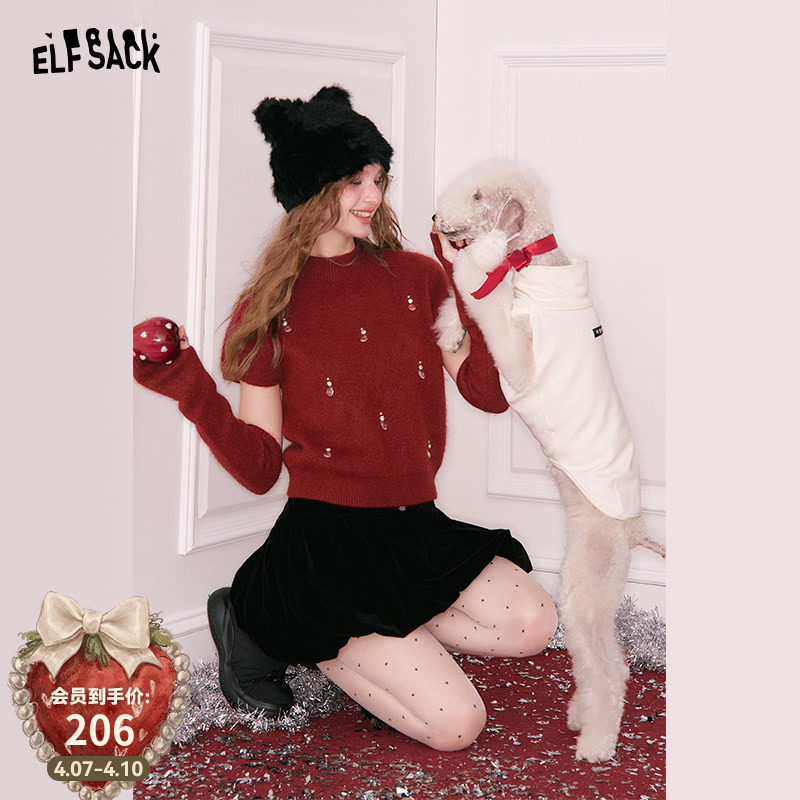 妖精的口袋毛绒红色甜美千金风毛衣女2026冬新绝美氛围感显瘦上衣