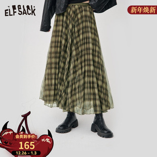 大裙摆百搭中长款 新款 裙子 口袋复古格子半身裙女2025年秋季 妖精