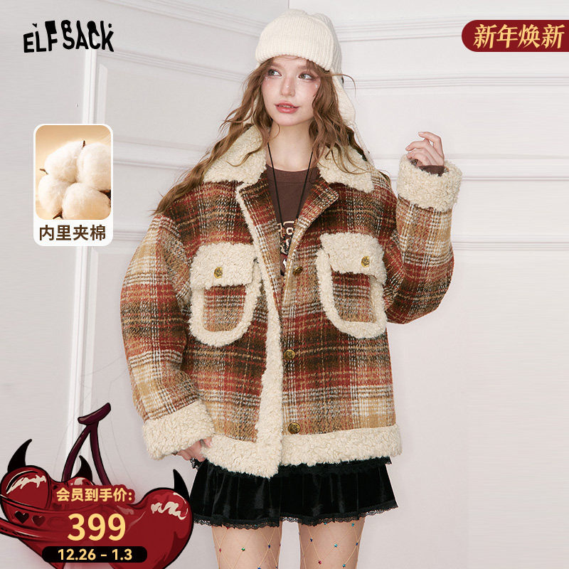 妖精的口袋仿毛绒格纹拼接夹棉短款毛呢外套女2025冬新款新年战袍