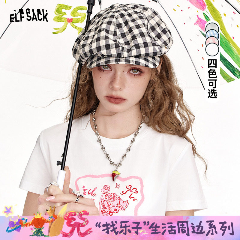 妖精的口袋清新格纹贝雷帽女2026年新款显脸小设计感文艺八角帽