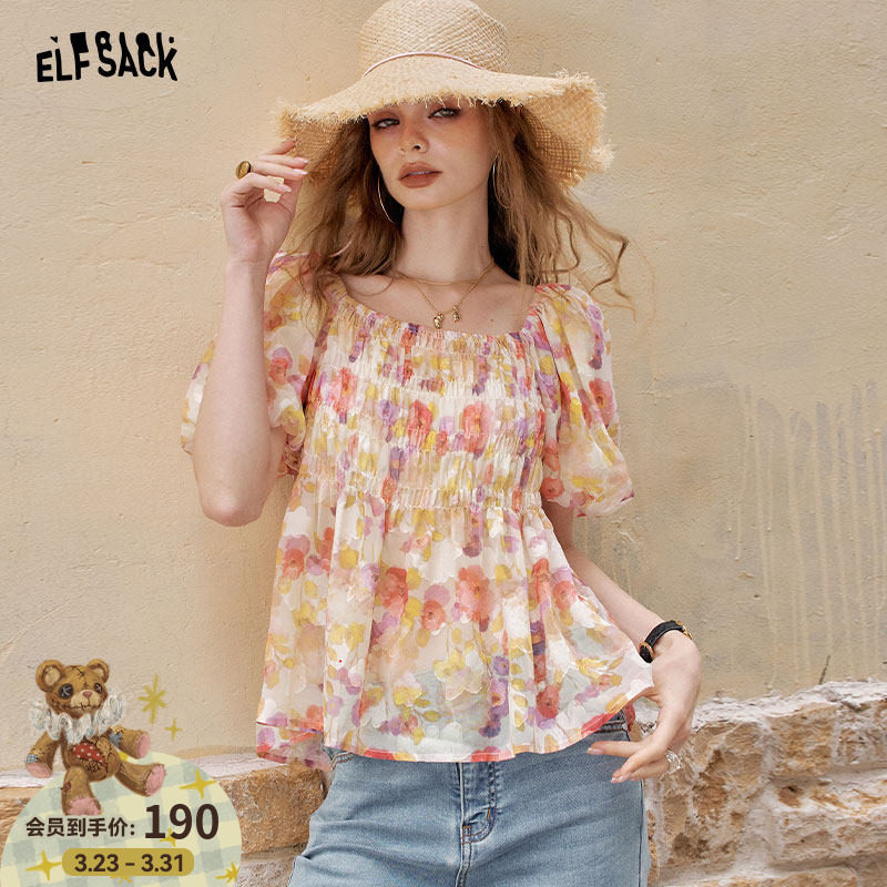 妖精的口袋碎花泡泡袖法式雪纺衫女2025年夏季新款度假风绝美小衫