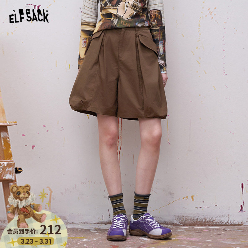 妖精的口袋复古咖色南瓜裤女2026年夏季新款宽松休闲五分裤短裤子