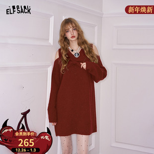 千金风新年穿搭 新款 妖精 口袋大蝴蝶结露肩亮闪连衣裙女2025冬季