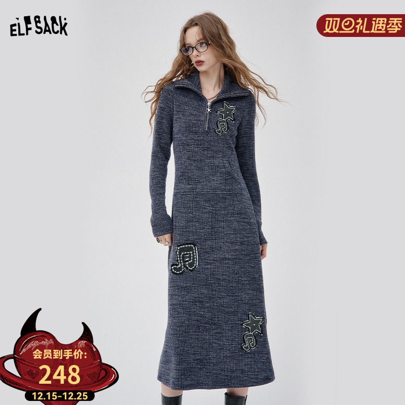 妖精的口袋趣味音乐贴布Polo领针织连衣裙女2025秋冬新款休闲