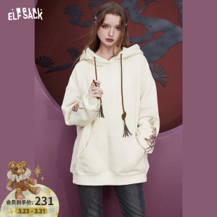 妖精 宽松休闲慵懒风上衣 口袋白色刺绣连帽卫衣女2026年早春新款