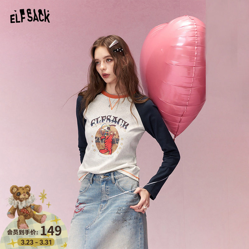 妖精的口袋撞色印花插肩长袖t恤女2026春新款设计感修身短款上衣