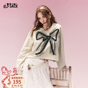 妖精的口袋原创蕾丝花边蝴蝶结连帽卫衣女2026年春季新款短款上衣