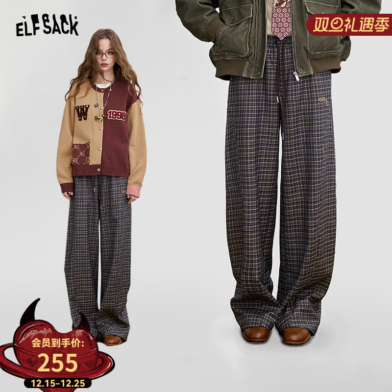 妖精的口袋复古格子休闲阔腿裤女2025秋冬新款宽松慵懒风镰刀裤子