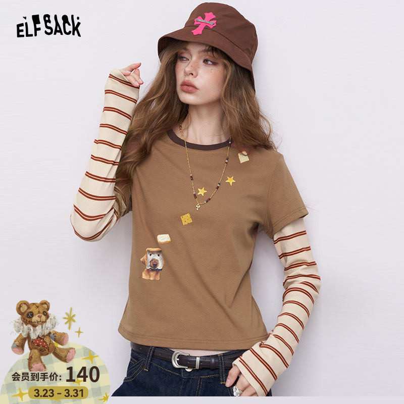 妖精的口袋假两件条纹拼接正肩长袖t恤女2026春新款修身显瘦上衣