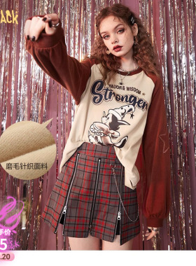 妖精的口袋插肩印花长袖t恤女2026春秋新款内搭宽松小众红色上衣