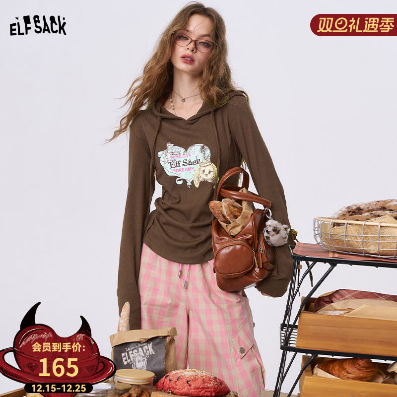 妖精的口袋抽褶印花连帽t恤女2025秋季新款修身减龄小众长袖上衣