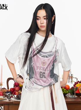 妖精的口袋白色印花短袖t恤女2026年夏新款运动风球衣设计感上衣