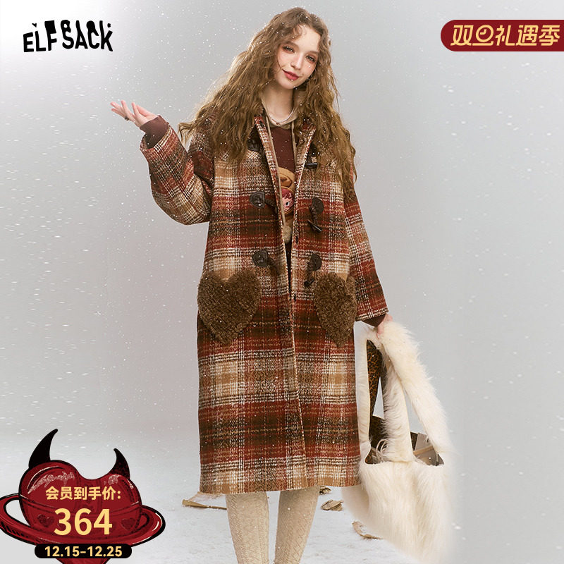 妖精的口袋格子复古毛领呢子大衣女2025冬季新款牛角扣仿毛呢外套