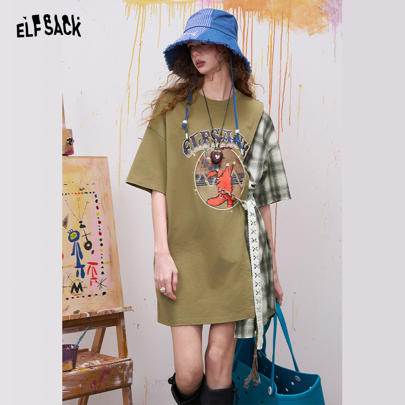 妖精的口袋原创印花蕾丝拼接格纹连衣裙女2026夏新款不对称T恤裙