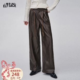 妖精的口袋复古咖色pu皮阔腿裤女2025冬季新款酷飒风宽松休闲裤子