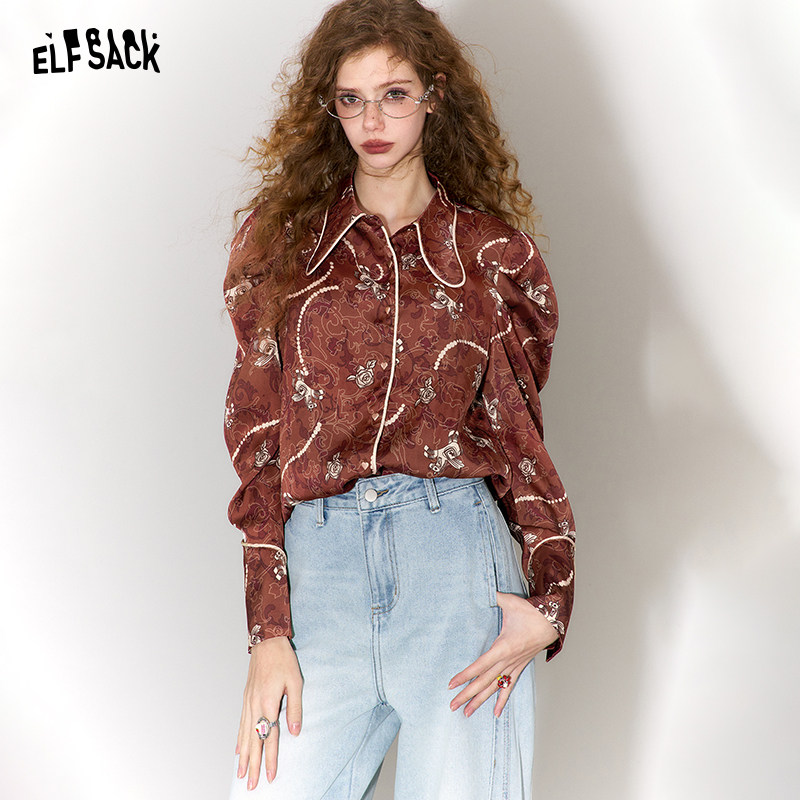 妖精的口袋小飞马满印宫廷风衬衫女2026年早春新款新中式缎面上衣