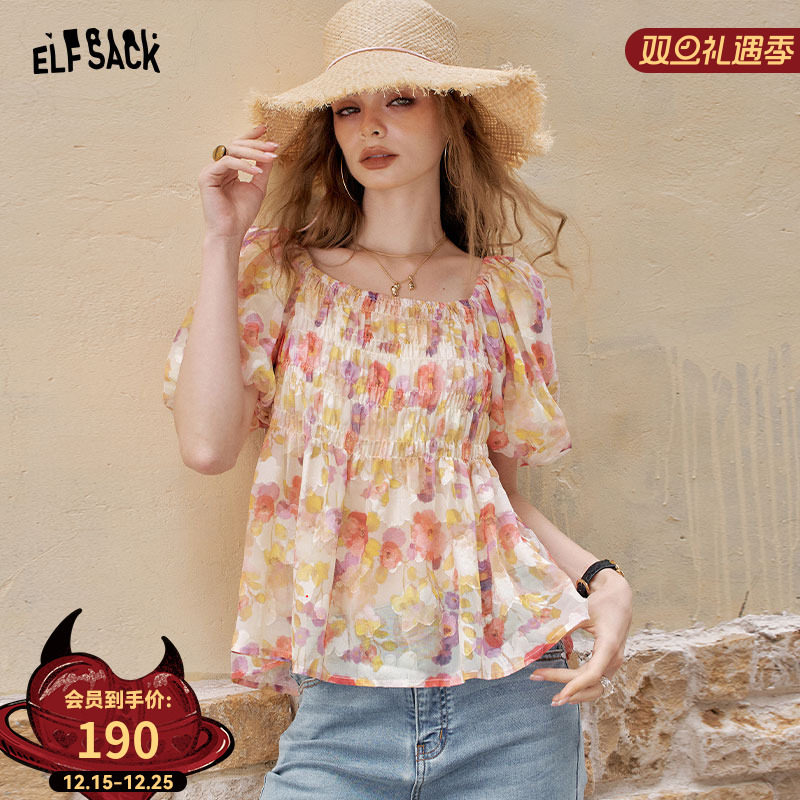 妖精的口袋碎花泡泡袖法式雪纺衫女2025年夏季新款度假风绝美小衫