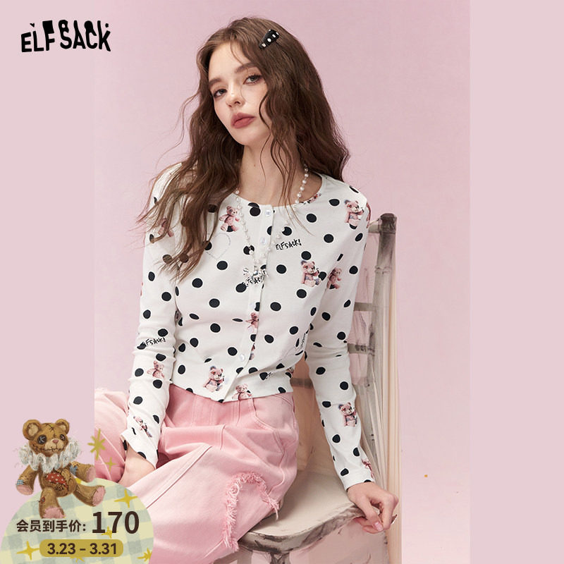 妖精的口袋白色波点印花长袖t恤女2026早春新款修身短款掐腰上衣
