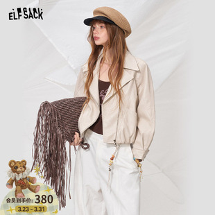 韩系淡雅小个子外套 翻领皮衣女2026新款 妖精 口袋白色高级感短款