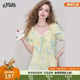 口袋蕾丝拼接泡泡袖 女2025年夏季 妖精 衬衫 上衣 新款 甜美气质法式