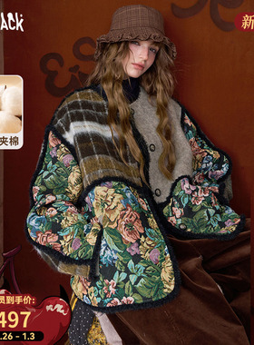 妖精的口袋复古拼接短款夹棉毛呢外套女2025年冬新款新年战袍大衣