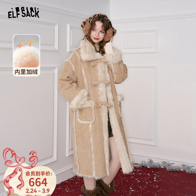 妖精的口袋复古加绒中长款毛呢外套女2025冬新款圣诞穿搭加厚大衣