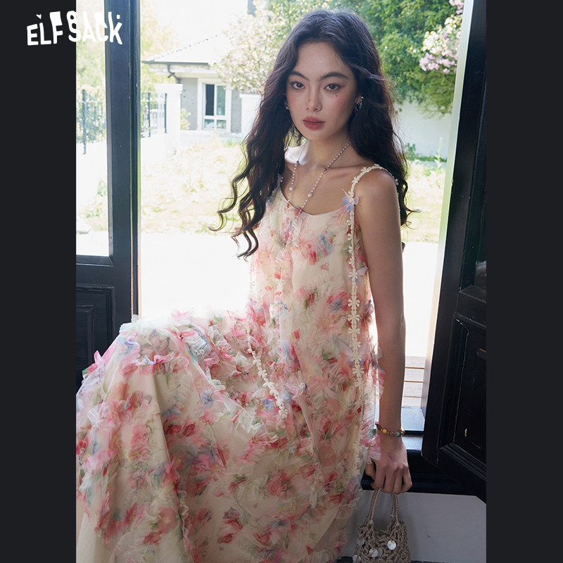 妖精的口袋粉色碎花吊带连衣裙女2026夏季新款度假风绝美网纱长裙