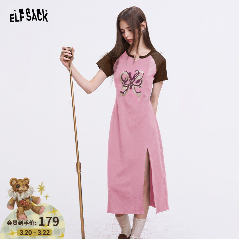 妖精的口袋原创刷金印花撞色连衣裙女2026年夏季新款侧开叉T恤裙