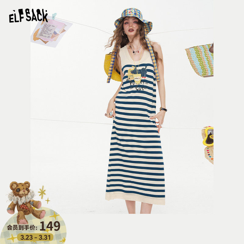 妖精的口袋原创猫咪印花无袖连衣裙女2026夏季新款条纹休闲背心裙