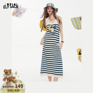 新款 连衣裙女2026夏季 条纹休闲背心裙 口袋原创猫咪印花无袖 妖精