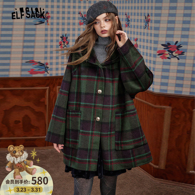 妖精的口袋复古格纹连帽毛呢外套女2025年冬季新款英伦风呢子大衣
