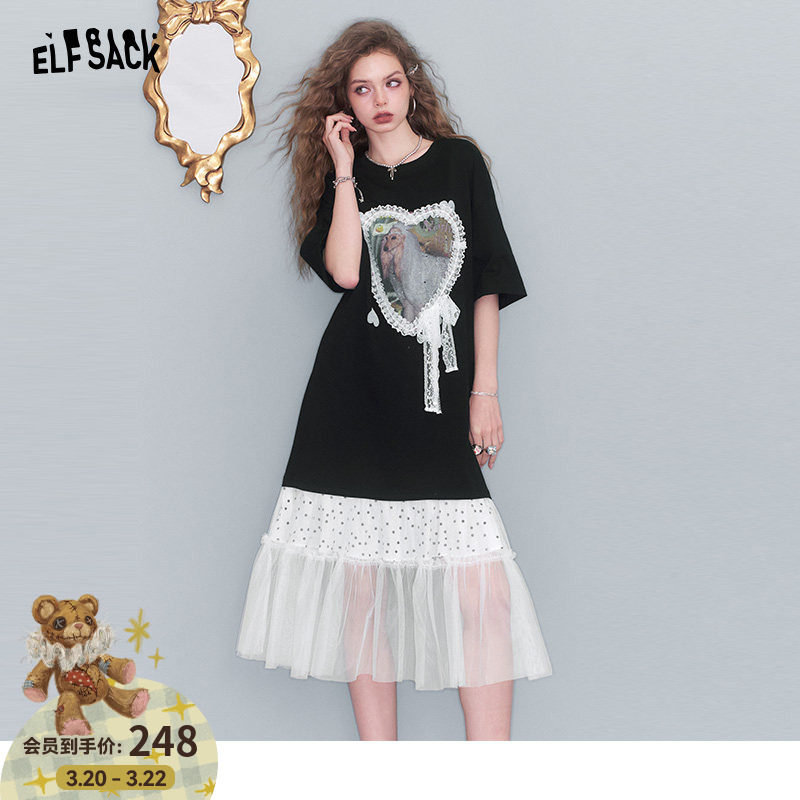 妖精的口袋蕾丝拼接印花网纱连衣裙女2026夏新宽松显瘦减龄T恤裙