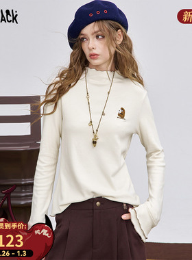 妖精的口袋荷叶边小高领刺绣长袖t恤女2025冬新款打底衫内搭上衣