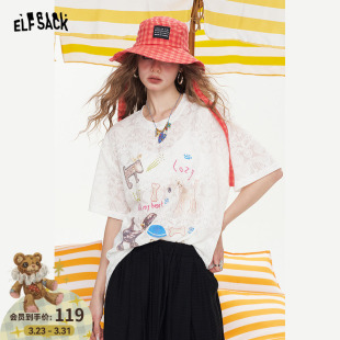 宽松休闲设计感上衣 t恤女2025夏新款 妖精 口袋卡通印花蕾丝短袖