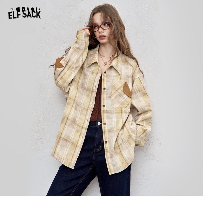 妖精的口袋原创手绘兔子印花长袖衬衫女2026早春新款复古格纹上衣