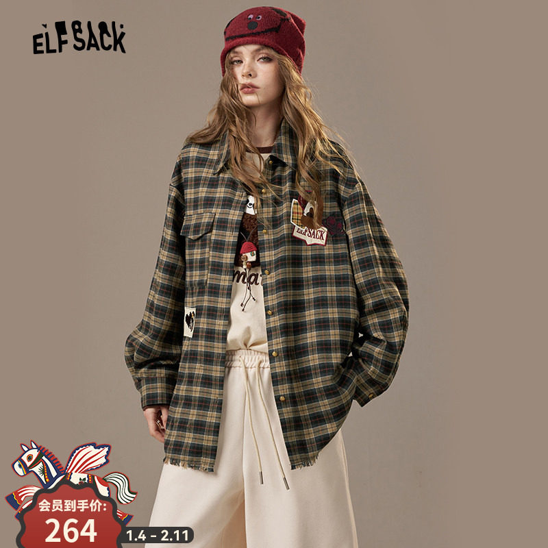 妖精的口袋复古趣味刺绣格子衬衫女2025年秋冬新款长袖衬衣外套