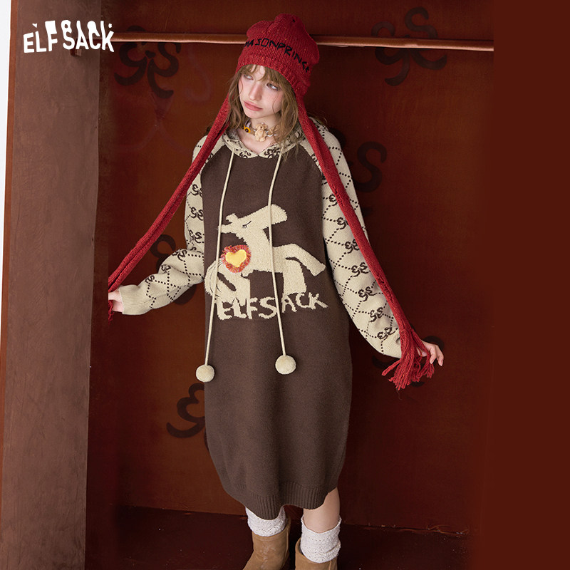 妖精的口袋复古小马提花针织连帽连衣裙女2025冬新款裙子新年穿搭