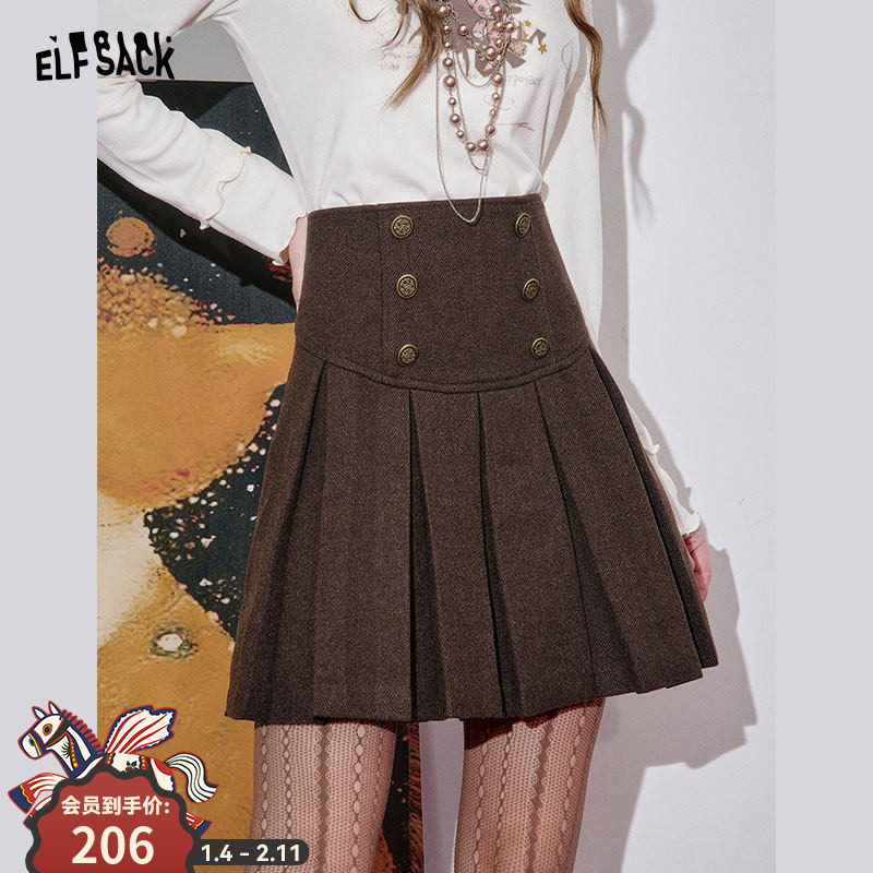 妖精的口袋复古双排扣百褶裙半身裙女2025冬新款高腰短裙新年穿搭