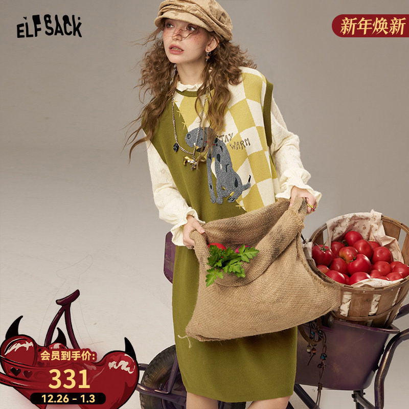 妖精的口袋趣味绣花假两件连衣裙女2025年秋冬新款宽松休闲裙子