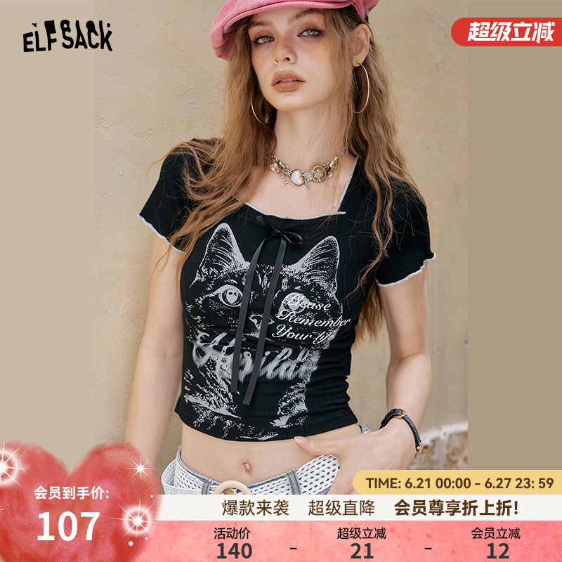 妖精的口袋黑色方领猫咪印花短袖t恤女2025夏季新款修身显瘦上衣