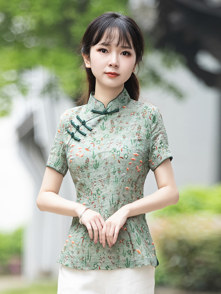 筠雅唐装夏装女旗袍上衣女夏中式盘扣茶服改良短袖复古棉麻女装