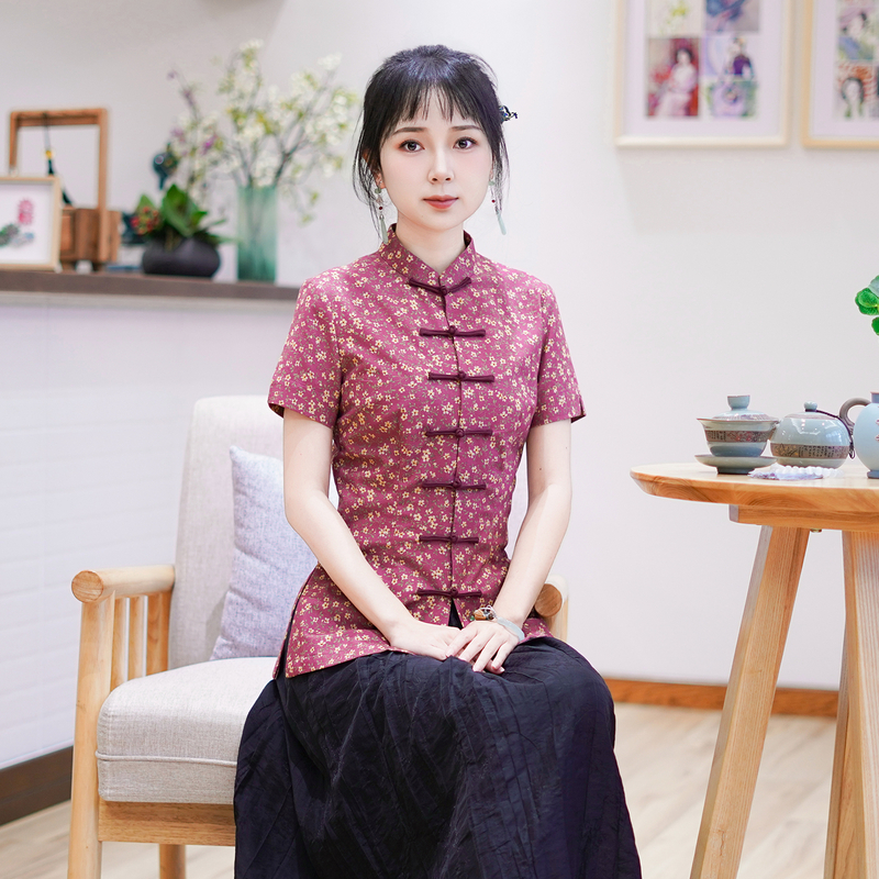 筠雅夏季新款简约清新旗袍式上衣唐装女改良版修身复古素衣24J202