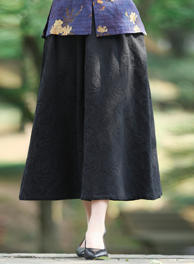 筠雅夏季新款中国风黑色棉麻半身裙新中式显瘦半身气质裙子24J113