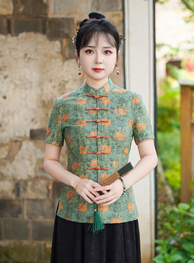 筠雅夏季新款复古改良中式唐装中国风年轻款斜襟短袖上衣女25J212