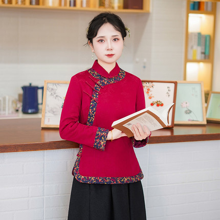 筠雅冬季新款红色唐装加厚旗袍小棉袄中国风夹棉保暖棉衣女25J476