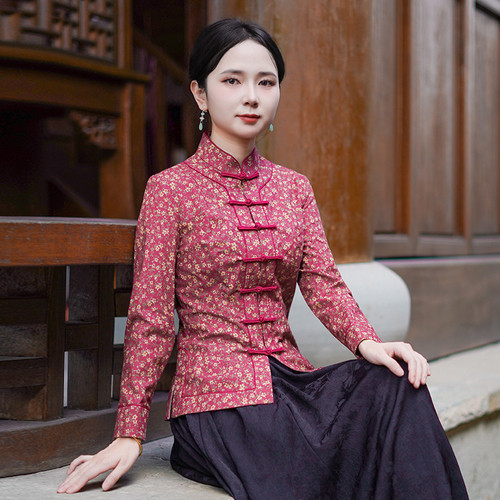 筠雅显瘦修身春季新款中式改良复古直襟长袖唐装旗袍上衣女25J043