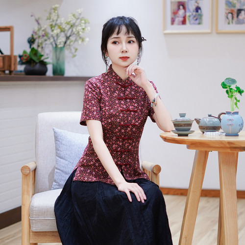 筠雅夏季新款中国风古典唐装上衣女修身显瘦夏日新中式穿搭24J195